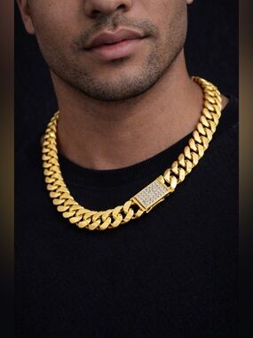 14K Gold-Plated Cuban Link Chain with Iced Box Clasp – 24” Length, 14mm Width